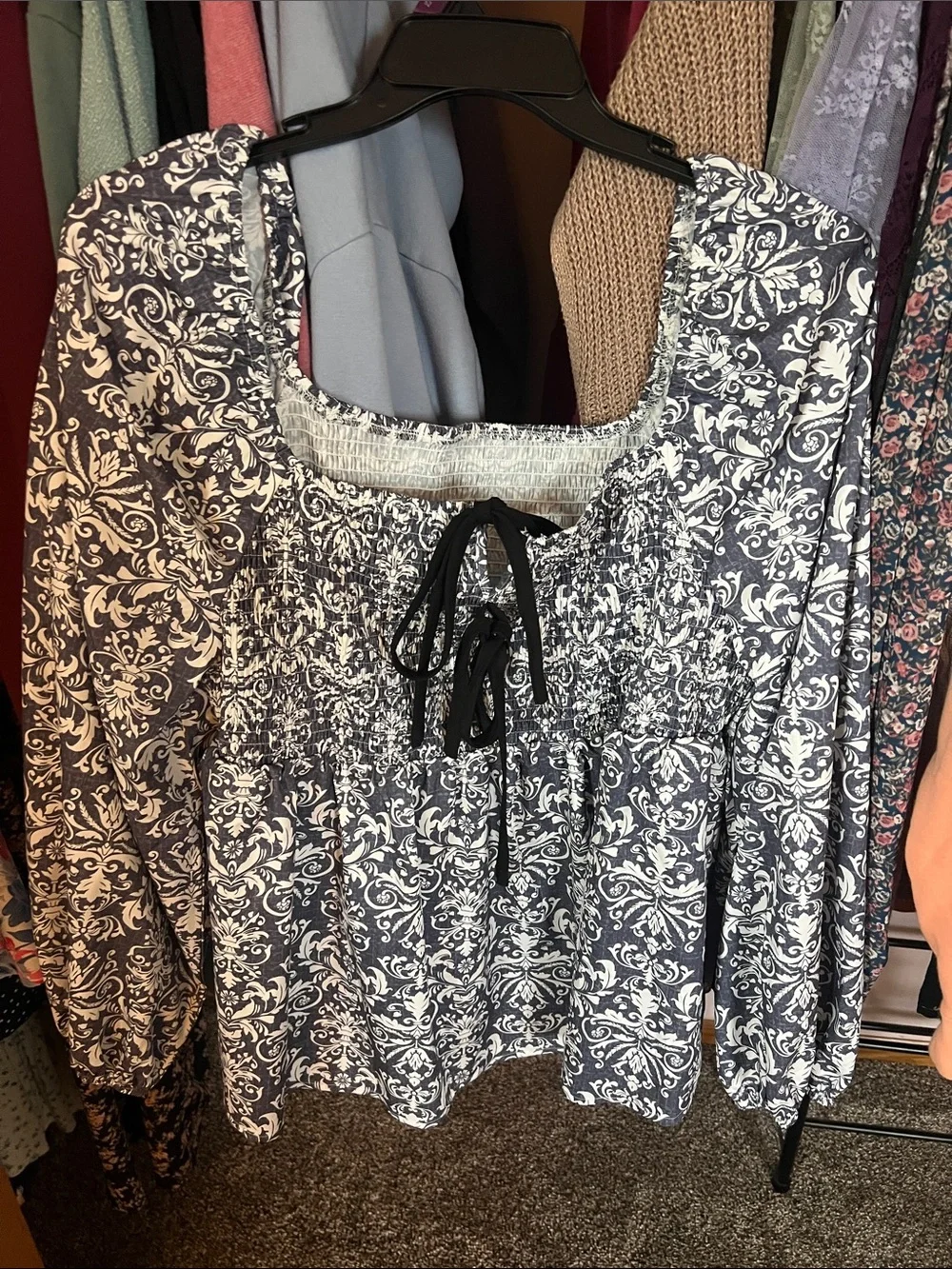 SHEIN Gray and White Smocked Square-Neck Floral Peasant Blouse with Ties - Picture 1 of 3